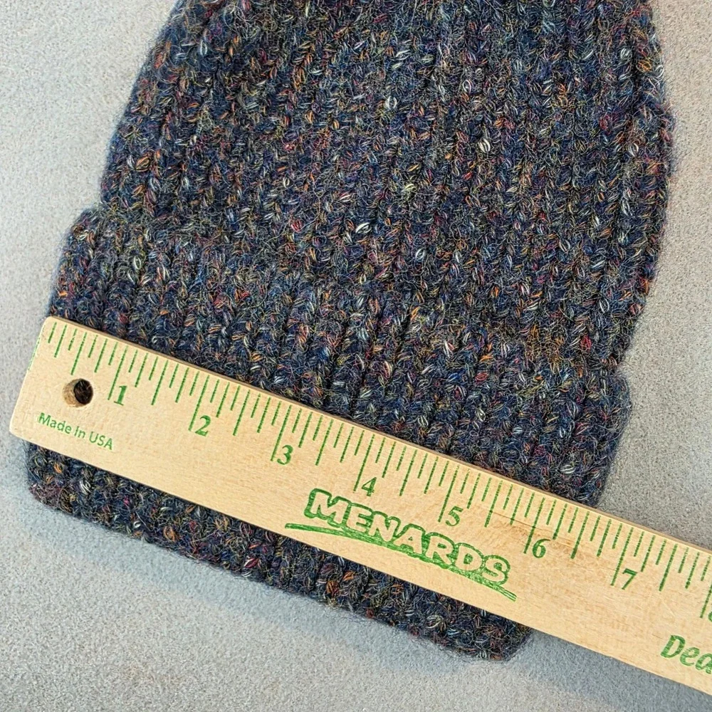 Norla Canada Womens Blue Marled Wool Blend Ribbed Knit Beanie Peach Pom Pom Hat